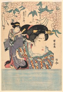 Pentáptico: Cinco meninas com fantoches de teatro de Utagawa Kuniyasu