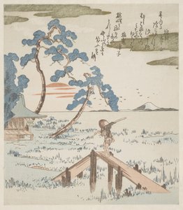 Um agricultor a atravessar uma ponte pedonal de Utagawa Kuniyoshi