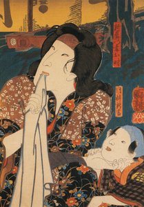 Ator em pose pensiva ao lado de criança, por Utagawa Kuniyoshi, xilogravura de Utagawa Kuniyoshi
