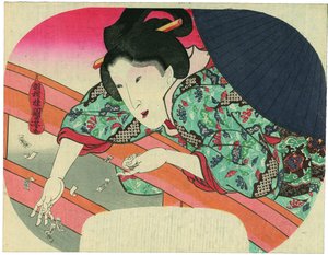 Uma beleza lança no rio Sumida papéis de oração ao bodhisattva Jizō para acalmar os espíritos dos afogados de Utagawa Kuniyoshi