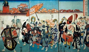 Bravo Kuniyoshi com o seu Paulownia Design (Isamashiki Kuniyoshi kiri no tsuimoyō) 1848 de Utagawa Kuniyoshi