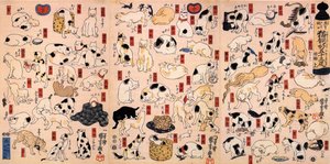 Gatos. Da série cinquenta e três estações do tríptico de Tokaido, ca 1848 de Utagawa Kuniyoshi