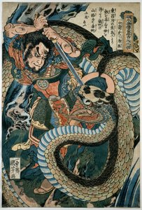 Chūsenko Teitokuson (Ding Desun) atacado por uma cobra num caminho de montanha de Utagawa Kuniyoshi