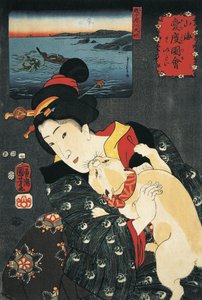 Grande plano de uma jovem mulher com um gato nos braços de Utagawa Kuniyoshi