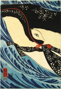 Tríptico de impressão a cores, retratando o grande espadachim Miyamoto Musashi a atacar uma baleia gigante ao largo da costa da província de Hizen: Japão, Edo, de Utagawa Kuniyoshi de Utagawa Kuniyoshi