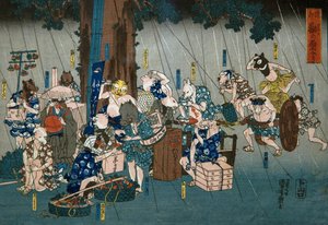 Animais Cómicos a Abrigar-se da Chuva (Dōke kemono no amayadori), c.1842 de Utagawa Kuniyoshi