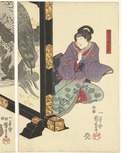 Três actores num ecrã dobrável de Utagawa Kuniyoshi