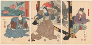 Três atores em uma tela dobrável de Utagawa Kuniyoshi