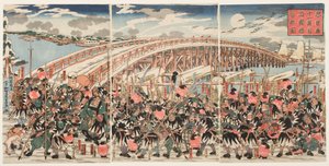 Décimo primeiro ato da "Chushingura": Os fiéis retentores reúnem-se na ponte de Ryogoku de Utagawa Kuniyoshi