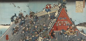 Hakkenden no uchi: Hôryû-kaku; No telhado em Hôryû-kaku, 1836-1837 (xilogravura, tríptico) de Utagawa Kuniyoshi