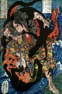Iwanuma Kichirokurō Nobusato Series: Um dos Oito Oito Heróis da Margem de Água do Nosso País (Honchō Suikoden gōketsu happyakunin no hitori), c.1836 de Utagawa Kuniyoshi
