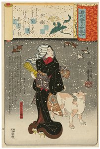 «A dama dos rostos do entardecer» (Yūgao): Orie, esposa de Yazama (Yazama-shi no shitsu Orie), da série Cenas entre nuvens de Genji combinadas com imagens ukiyo-e (Genji-gumo ukiyo e-awase) de Utagawa Kuniyoshi