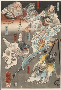 Minamoto Yoshitsune luta contra Benkei na ponte Gojō, com a ajuda de demónios tengu de Utagawa Kuniyoshi