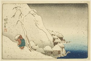 Nichiren in the Snow at Tsukahara on Sado Island (Sash? Tsukahara setch?) (impressão em bloco de madeira colorida) de Utagawa Kuniyoshi
