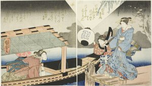 Cena nocturna a bordo de um barco de recreio de Utagawa Kuniyoshi