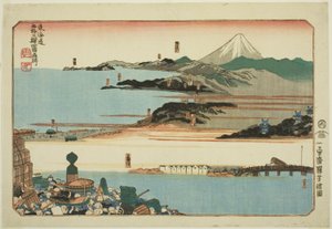 Nihonbashi, Shinagawa, Kawasaki e Kanagawa, da série "Lugares Famosos nas Cinquenta e Três Estações do Tokaido, Quatro Estações (Tokaido gojusan eki yonshuku meisho)" de Utagawa Kuniyoshi