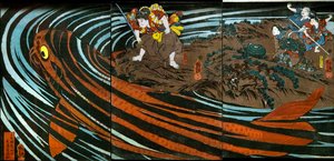 Oniwaka-maru prestes a atacar a Carpa Monstruosa de Utagawa Kuniyoshi