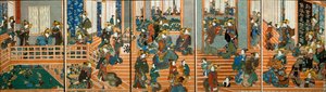 Vista aérea do andar superior de Kado-Ebiya de Utagawa Kuniyoshi