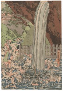 Peregrinos na Cachoeira Roben em Oyama, assinado Ichiyusai Kuniyoshi, publicado por Azumaya Daisuke, selo kiwame, tríptico Oban tate-e (impressão de xilogravura colorida) de Utagawa Kuniyoshi