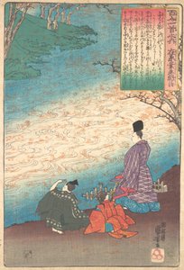Poeta com duas páginas nas margens do Tatsuta, ca. 1845. de Utagawa Kuniyoshi