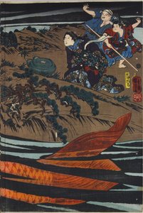 Folha de um tríptico de gravuras a cores, representando Oniwaka-maru (o futuro Musashibo Benkei) prestes a atacar a carpa gigante que devorou a sua mãe: Japão, Edo, de Utagawa Kuniyoshi, c. 1845 de Utagawa Kuniyoshi