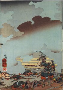 Folha de um tríptico de impressão a cores, intitulado Eiroku yonnen kugatsu yokka Kawanakajima kassen ni Yamamoto Kansuke nyūdō no uchijini no zu (Morte de Yamamoto Kansuke na Batalha de Kawanakajima no 4º Dia do 9º Mês de Eiroku 4 [1561]), de Utagawa Kuniyoshi