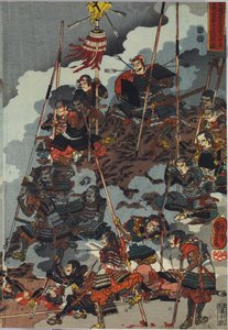 Folha de um tríptico de impressão de xilogravura colorida, intitulada Eiroku yonnen kugatsu yokka Kawanakajima kassen ni Yamamoto Kansuke ny D No uchijini no zu de Utagawa Kuniyoshi
