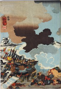 Folha de um tríptico de impressão de xilogravura colorida, intitulada Eiroku yonnen kugatsu yokka Kawanakajima kassen ni Yamamoto Kansuke ny D No uchijini no zu de Utagawa Kuniyoshi