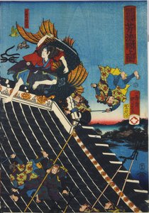 Folha de um tríptico de impressão em xilogravura colorida, intitulado H Ryukaku sh no zu representando uma cena do Hakkenden de Takiwzawa Bakin mostrando uma luta no telhado do templo entre Inuzuka Shino de Utagawa Kuniyoshi