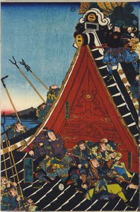 Folha de um tríptico de impressão em xilogravura colorida, intitulado H Ryukaku sh no zu representando uma cena do Hakkenden de Takizawa Bakin mostrando uma luta no telhado do templo entre Inuzuka Shino de Utagawa Kuniyoshi