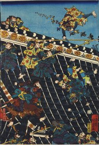 Folha de um tríptico impresso a cores, intitulado Hōryukaku shō no zu representando uma cena do Hakkenden de Takizawa Bakin mostrando uma luta no telhado do templo entre Inuzuka Shino (à direita), e a polícia sob Inukai Kempachi, adaptado de um tríptico de Utagawa Kuniyoshi