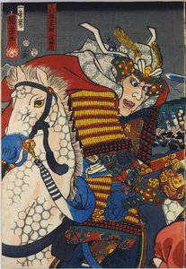 Folha de um tríptico de gravuras a cores, intitulado Kawanakajima kassen (A Batalha de Kawanakajima), retratando de perto o encontro pessoal dos dois líderes, Uesugi Kenshin (esquerda) e Takeda Shingen: Japão, Edo, de Utagawa Kuniyoshi de Utagawa Kuniyoshi