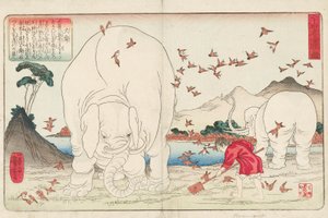 Taishun capinando um campo com a ajuda de elefantes e um bando de pardais, assinado Ichiyusai Kuniyoshi ga, c.1843 (impressão de xilogravura colorida) de Utagawa Kuniyoshi