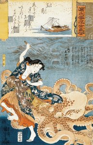 Tamatori (Mergulhador fêmea), Ser atacado por polvo enquanto agarra a jóia sagrada de Utagawa Kuniyoshi