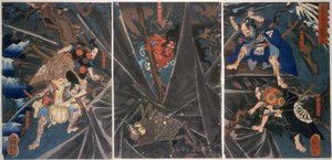 A Aranha da Terra morto pelos retentores do herói Raiko (944-1021), (&39;Minamoto no Yorimitsu, 944-1021&39;), c.1838, (impressão em xilogravura a cores) de Utagawa Kuniyoshi