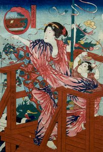 Festival das Estrelas do Sétimo Mês (Fumizuki no tanabata) Série sem título de mulheres com filhos nos doze meses, c.1836 de Utagawa Kuniyoshi