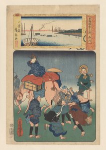 A estação Shinagawa (título no objeto) As cinquenta e três estações da estrada Tokaido (título da série no objeto) de Utagawa Kuniyoshi