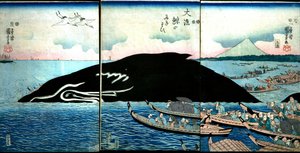 Throng de pessoas ao redor de uma baleia capturada de Utagawa Kuniyoshi