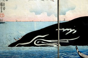 Throng de pessoas ao redor de uma baleia capturada de Utagawa Kuniyoshi