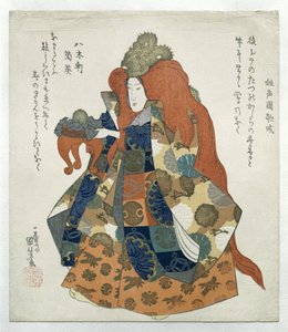 Mulher com coroa de dragão e mesa de oferendas de Utagawa Kuniyoshi