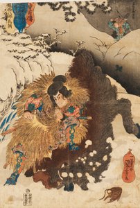 Impressão em xilogravura - Chinzei Hachiro Tametomo derrubando um javali nas montanhas nevadas de Mashik de Utagawa Kuniyoshi