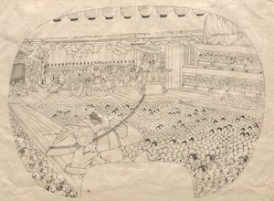 Design para impressão em forma de leque do Teatro Kabuki de Utagawa Sadahide