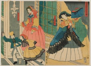 Imagem da residência de comerciantes estrangeiros do exterior: Portugal e América do Sul, período Edo, 1861 (impressão em xilogravura a cores)