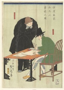 Estrangeiros escrevendo na casa de um comerciante em Yokohama Yokohama shoka komojin shonin no zu (título do objeto)