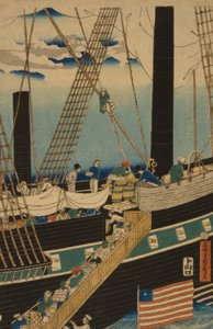 Comerciantes ocidentais carregando carga em Yokohama, 1861 de Utagawa Sadahide