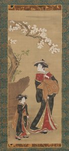 Courtesan e seu atendente sob uma cerejeira, início do século 19.