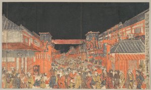 Representação de um espectáculo teatral Kaomise em Sakaichō e Fukiyachō de Utagawa Toyoharu