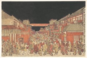 Vista de uma representação kaomise no teatro Yoshibai em Sakaichō Fukiyachō de Utagawa Toyoharu