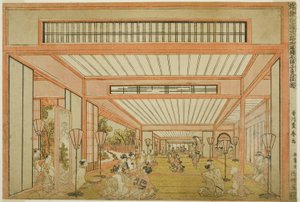 Vistas das salas de recepção no Japão - Entretenimentos no Dia do Rato no Estilo Moderno (Uki-e wakoku keiseki ozashiki imayo ne no hi no asobi no zu)