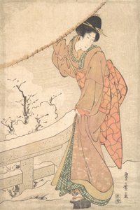 Uma jovem mulher numa tempestade de neve carregando um guarda-chuva carregado de neve, ca. 1802...
